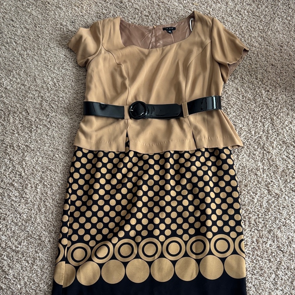 Women’s Plus LE BOS Tan and Black Polka Dot Dress with Belt